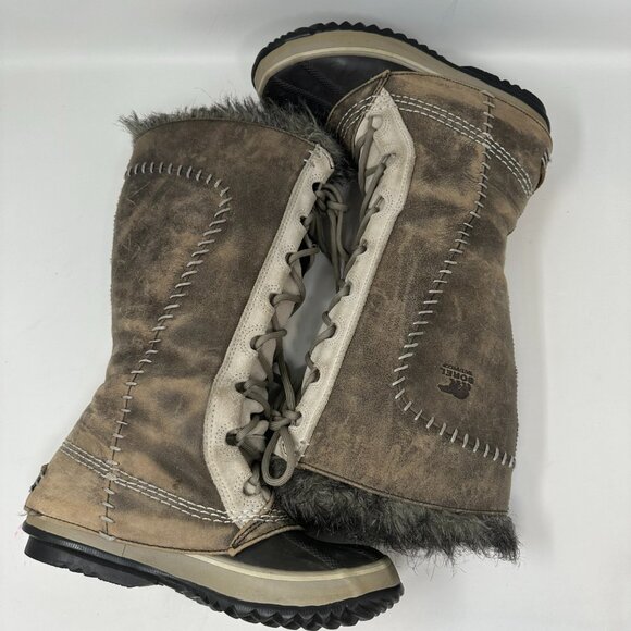 Sorel Cate The Great NL1642-221 Tusk Stone Brown Leather Tall Boots 6 - Picture 4 of 16